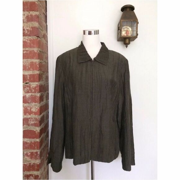 Tamotsu NY Rayon Linen Crinkle Blazer Jacket Hook Eye‎ Front Lined Taupe Size 14 - Picture 1 of 10